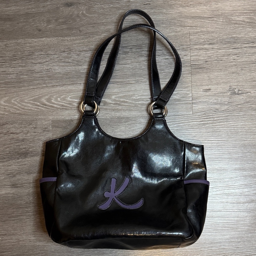 Black Faux Leather Letter K Shoulder Bag with Purple Accent and Silver Hardware